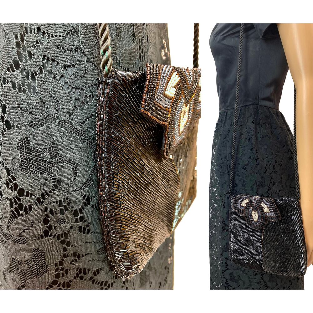80s Art Deco Style Micheline Burke Black & Copper Beaded Shoulder Bag - Picture 7 of 11